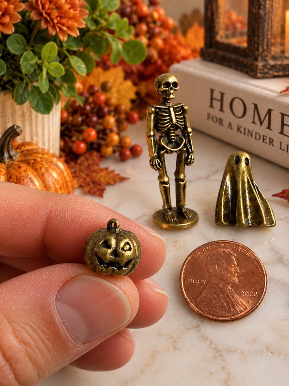 Antique Gold Halloween Mini Sculpture Set - Pumpkin, Skeleton & Ghost